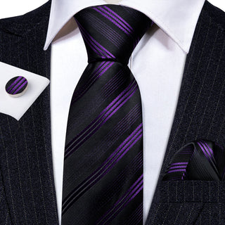 Black Purple Striped Silk Necktie Pocket Square Cufflinks Set