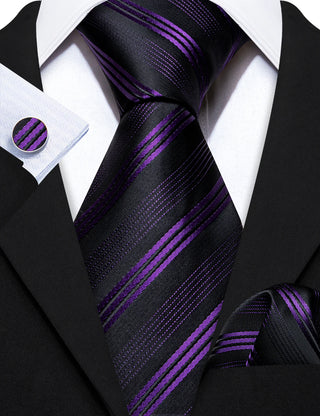 Black Purple Striped Silk Necktie Pocket Square Cufflinks Set