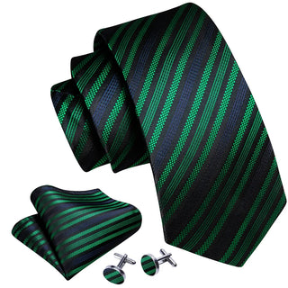 Black Jacquard Green Blue Striped Silk Men's Necktie Pocket Square Cufflinks Set