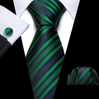 Black Jacquard Green Blue Striped Silk Men's Necktie Pocket Square Cufflinks Set
