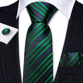 Black Jacquard Green Blue Striped Silk Men's Necktie Pocket Square Cufflinks Set