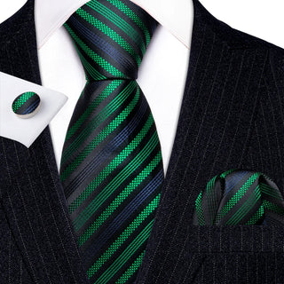 Black Jacquard Green Blue Striped Silk Men's Necktie Pocket Square Cufflinks Set