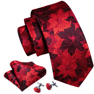 Black Red Floral Silk Necktie Pocket Square Cufflinks Set