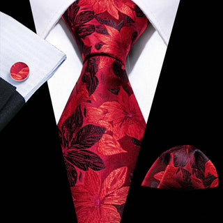 Black Red Floral Silk Necktie Pocket Square Cufflinks Set
