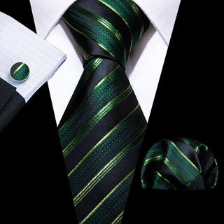 Light Green Black Striped Silk Necktie Pocket Square Cufflinks Set
