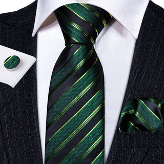 Light Green Black Striped Silk Necktie Pocket Square Cufflinks Set