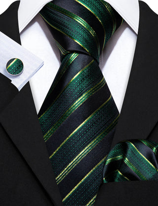 Light Green Black Striped Silk Necktie Pocket Square Cufflinks Set