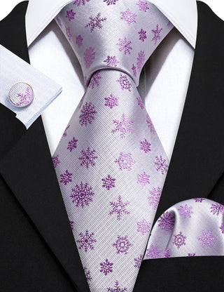 White Pink Christmas Silk Necktie Pocket Square Cufflinks Set