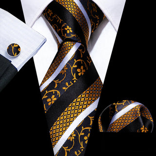 Black Golden Striped Silk Necktie Pocket Square Cufflinks Set
