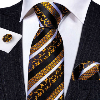 Black Golden Striped Silk Necktie Pocket Square Cufflinks Set