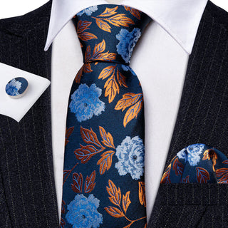 New Blue Orange Floral Silk Necktie Pocket Square Cufflinks Set