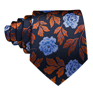 New Blue Orange Floral Silk Necktie Pocket Square Cufflinks Set