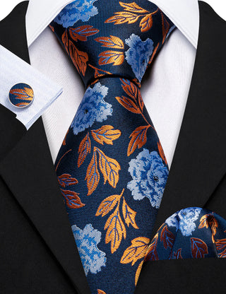 New Blue Orange Floral Silk Necktie Pocket Square Cufflinks Set