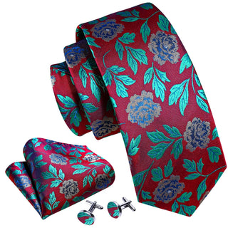 Red Teal Blue Floral Silk Men's Necktie Pocket Square Cufflinks Set