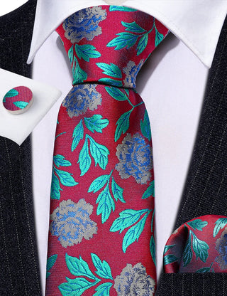Red Teal Blue Floral Silk Men's Necktie Pocket Square Cufflinks Set
