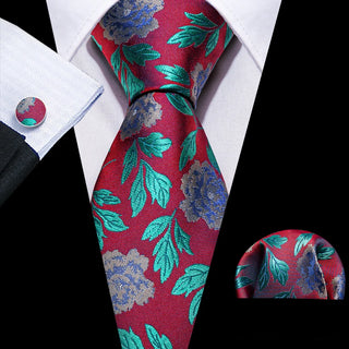 Red Teal Blue Floral Silk Men's Necktie Pocket Square Cufflinks Set