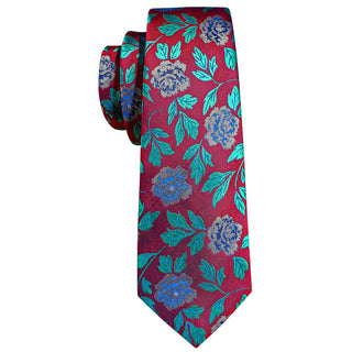 Red Teal Blue Floral Silk Men's Necktie Pocket Square Cufflinks Set