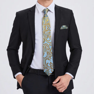 New Gold Blue Floral Silk Necktie Pocket Square Cufflinks Set