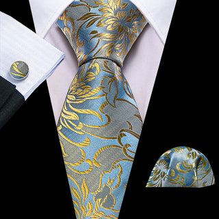 New Gold Blue Floral Silk Necktie Pocket Square Cufflinks Set