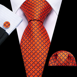 Burnt Orange Plaid Silk Necktie Pocket Square Cufflinks Set