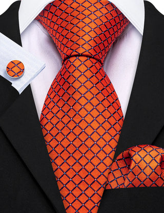 Burnt Orange Plaid Silk Necktie Pocket Square Cufflinks Set