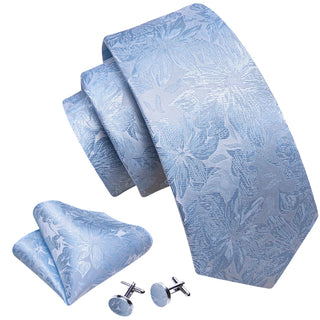 New Sky Blue Floral Silk Men's Necktie Pocket Square Cufflinks Set