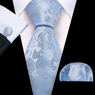 New Sky Blue Floral Silk Men's Necktie Pocket Square Cufflinks Set