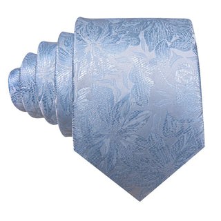New Sky Blue Floral Silk Men's Necktie Pocket Square Cufflinks Set