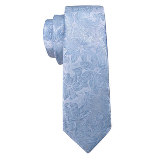 New Sky Blue Floral Silk Men's Necktie Pocket Square Cufflinks Set