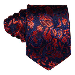 Blue Burnt Orange Floral Silk Necktie Pocket Square Cufflinks Set