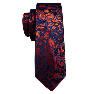 Blue Burnt Orange Floral Silk Necktie Pocket Square Cufflinks Set