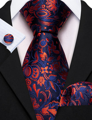 Blue Burnt Orange Floral Silk Necktie Pocket Square Cufflinks Set
