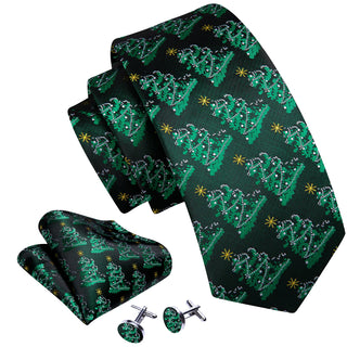 Green Floral Christmas Tree Silk Necktie Pocket Square Cufflinks Set