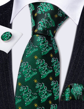 Green Floral Christmas Tree Silk Necktie Pocket Square Cufflinks Set