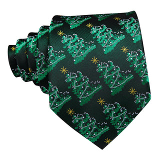 Green Floral Christmas Tree Silk Necktie Pocket Square Cufflinks Set