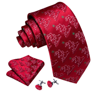 Christmas Red Xmas Tree Silk Necktie Pocket Square Cufflinks Set