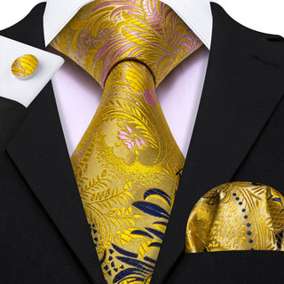 New Gold Blue Floral Silk Necktie Pocket Square Cufflinks Set