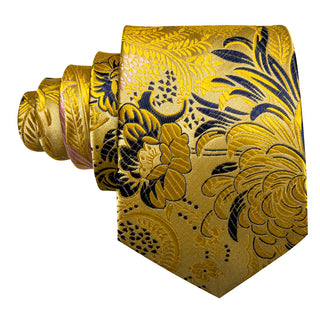 New Gold Blue Floral Silk Necktie Pocket Square Cufflinks Set