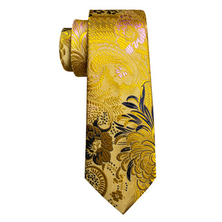New Gold Blue Floral Silk Necktie Pocket Square Cufflinks Set
