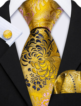 New Gold Blue Floral Silk Necktie Pocket Square Cufflinks Set