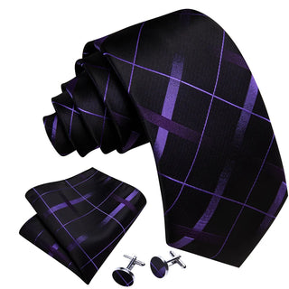 Black Purple Plaid Silk Men's Necktie Pocket Square Cufflinks Set
