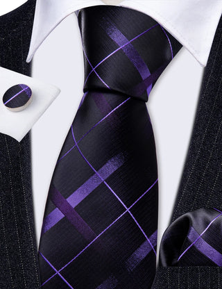 Black Purple Plaid Silk Men's Necktie Pocket Square Cufflinks Set