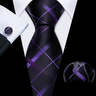 Black Purple Plaid Silk Men's Necktie Pocket Square Cufflinks Set