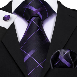 Black Purple Plaid Silk Men's Necktie Pocket Square Cufflinks Set