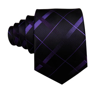 Black Purple Plaid Silk Men's Necktie Pocket Square Cufflinks Set