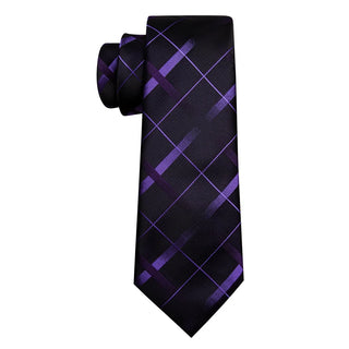 Black Purple Plaid Silk Men's Necktie Pocket Square Cufflinks Set