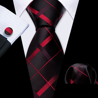 Black Red Plaid Silk Necktie Pocket Square Cufflinks Set