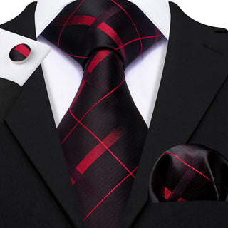 Black Red Plaid Silk Necktie Pocket Square Cufflinks Set