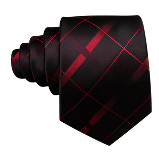 Black Red Plaid Silk Necktie Pocket Square Cufflinks Set