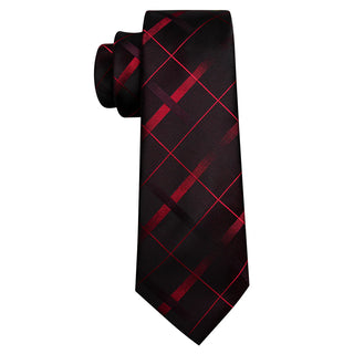 Black Red Plaid Silk Necktie Pocket Square Cufflinks Set